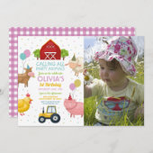 ファームヤードアニマルズファースト子供の誕生日ピンクガールズ 招待状 (正面/裏面)