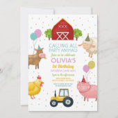 ファームヤードアニマルズファースト子供の誕生日ピンクガールズ 招待状 (正面)