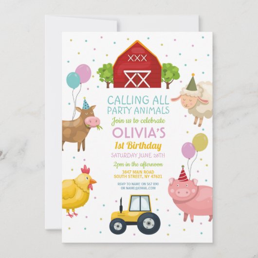 ファームヤードアニマルズファースト子供の誕生日ピンクガールズ 招待状 (正面)