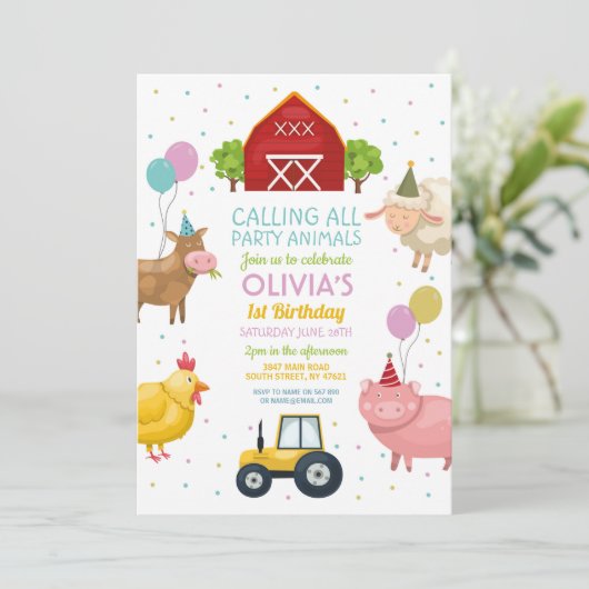 ファームヤードアニマルズファースト子供の誕生日ピンクガールズ 招待状 (スタンド正面)