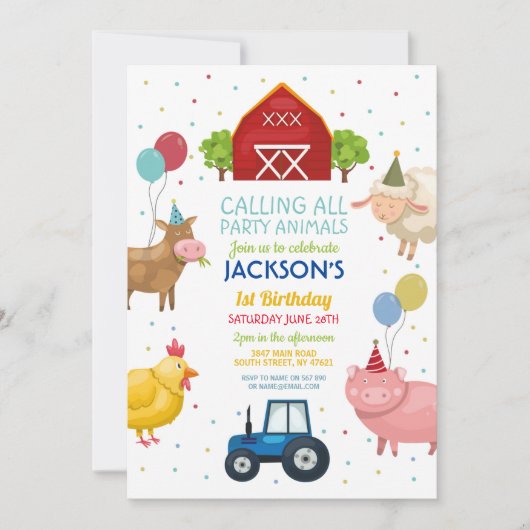 ファームヤードアニマルズファースト子供の誕生日ブルートラクター 招待状 (正面)