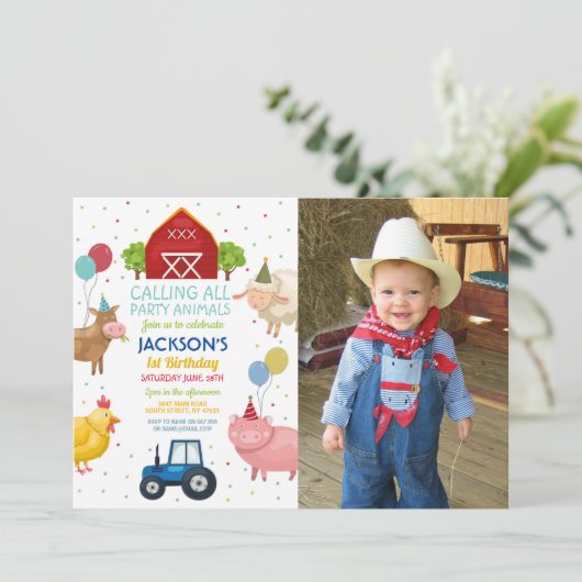 ファームヤードアニマルズファースト子供の誕生日ブルートラクター 招待状 (スタンド正面)