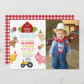 ファームヤードアニマルズ第1子供の誕生日写真 招待状 (正面/裏面)