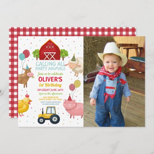 ファームヤードアニマルズ第1子供の誕生日写真 招待状 (正面/裏面)
