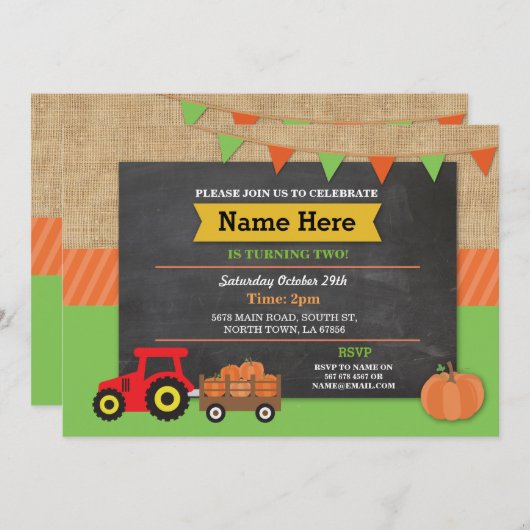 ファームヤードバースデーパーティパンプキントラクタ招待状 招待状 (正面/裏面)