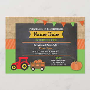 ファームヤードバースデーパーティパンプキントラクタ招待状 招待状