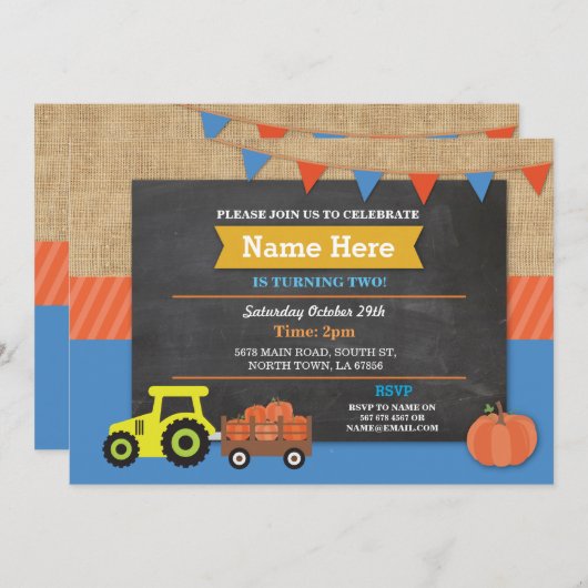ファームヤードバースデーパーティパンプキントラクタ招待状 招待状 (正面/裏面)
