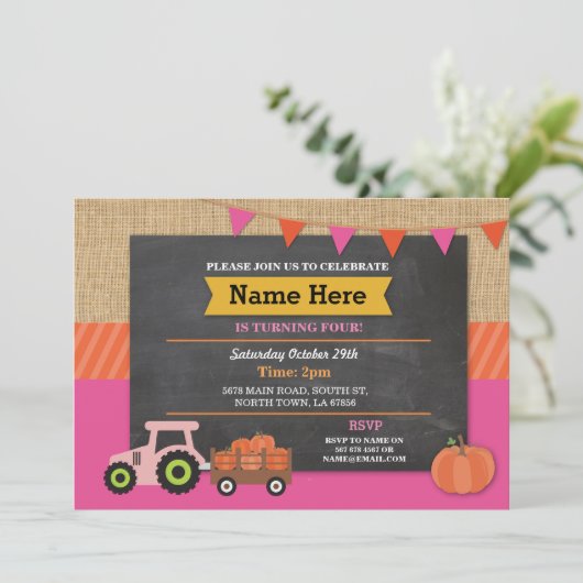ファームヤードバースデーパーティーパンプキントラクター招待状 招待状 (スタンド正面)