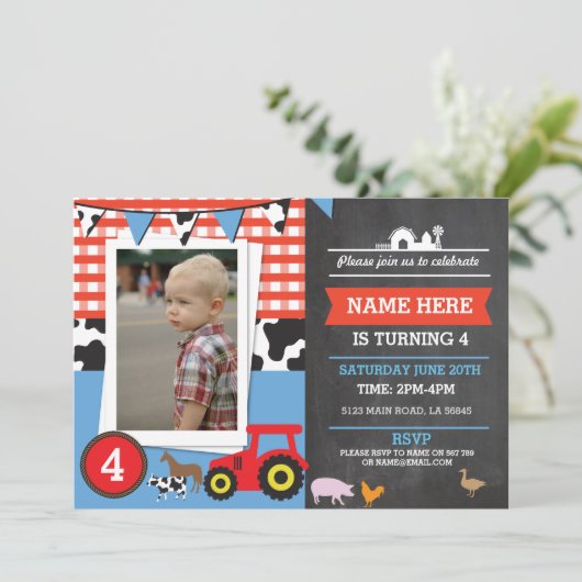 ファームヤードフォトバースデーパーティーブルーボーイズ招待状 招待状 (スタンド正面)