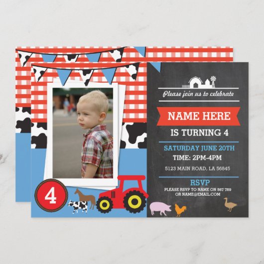 ファームヤードフォトバースデーパーティーブルーボーイズ招待状 招待状 (正面/裏面)