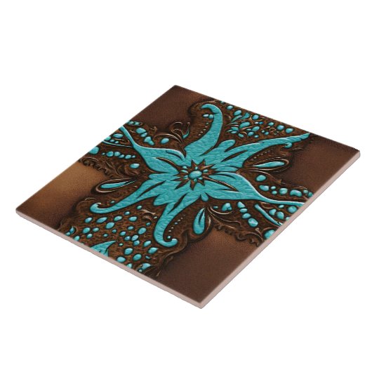 ファームランチブラウンターコイズウエスタンカントリーパターン タイル (側面)