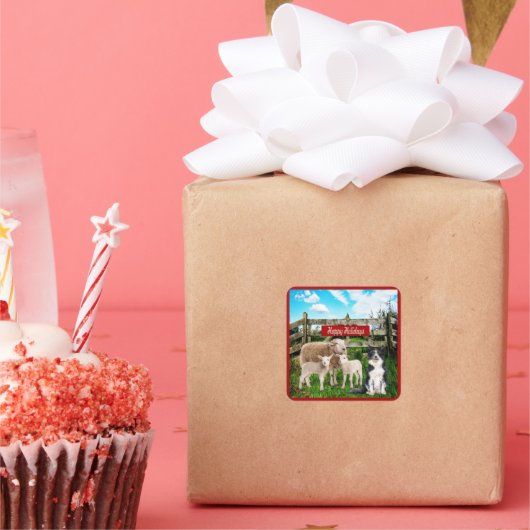 ファームランチ羊と犬ハッピーホリデー スクエアシール (パーティー)