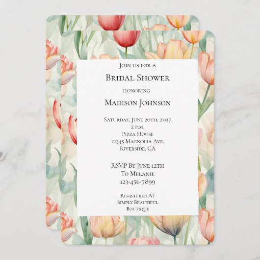 ファームレッドイエローチューリップフラワーズブライダルシャワー 招待状 (正面/裏面)