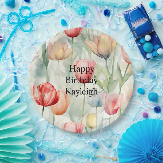 ファームレッドイエローチューリップフラワーズ誕生日 ペーパープレート (パーティー)
