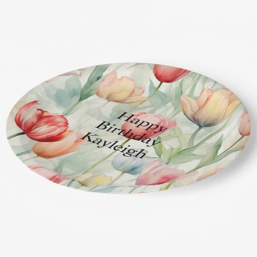 ファームレッドイエローチューリップフラワーズ誕生日 ペーパープレート (アングル)