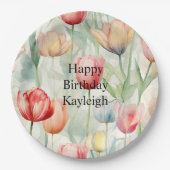 ファームレッドイエローチューリップフラワーズ誕生日 ペーパープレート (正面)