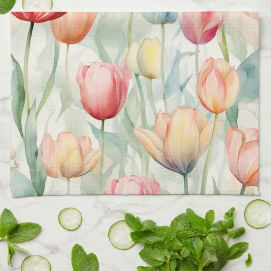 ファームレッドイエローチューリップ花 キッチンタオル (折り畳み)