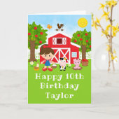 ファームレッドバーンブラウンヘアガールハッピーバースデー カード (黄色い花)