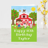 ファームレッドバーンブラウンヘアボーイハッピーバースデー カード (黄色い花)