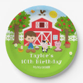 ファームレッドバーンブラウンヘアボーイバースデーパーティー ペーパープレート (正面)