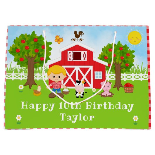 ファームレッドバーンブロンドヘアボーイハッピーバースデー ラージペーパーバッグ (正面)