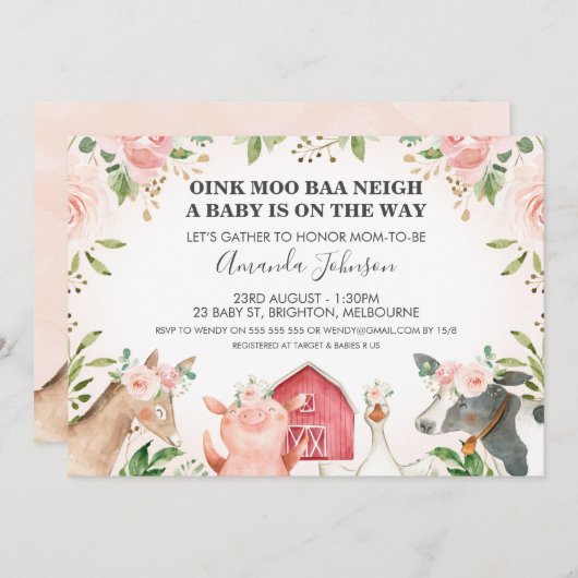ファーム動物ピンクフローラベビーシャワー招待状 招待状 (正面/裏面)