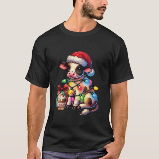 ファーム動物愛好家カウイヤリングサンタハットクリスマ Tシャツ (正面)