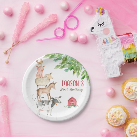 ファーム動物納屋周囲の庭パーティーグリーンリーボーイ誕生日 ペーパープレート (パーティー)