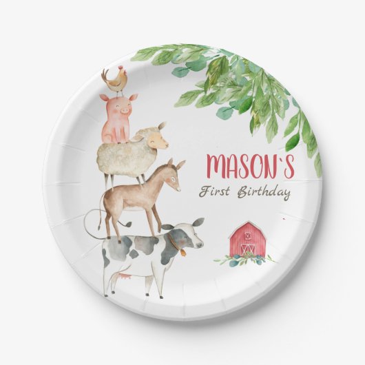 ファーム動物納屋周囲の庭パーティーグリーンリーボーイ誕生日 ペーパープレート (正面)