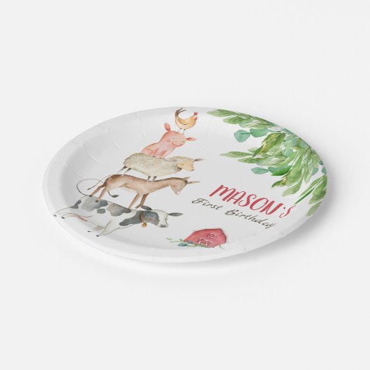 ファーム動物納屋周囲の庭パーティーグリーンリーボーイ誕生日 ペーパープレート (アングル)