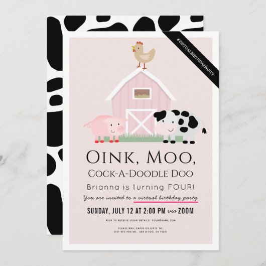 ファーム動物納屋周囲の庭ピンクガールバーチャル誕生日 招待状 (正面/裏面)