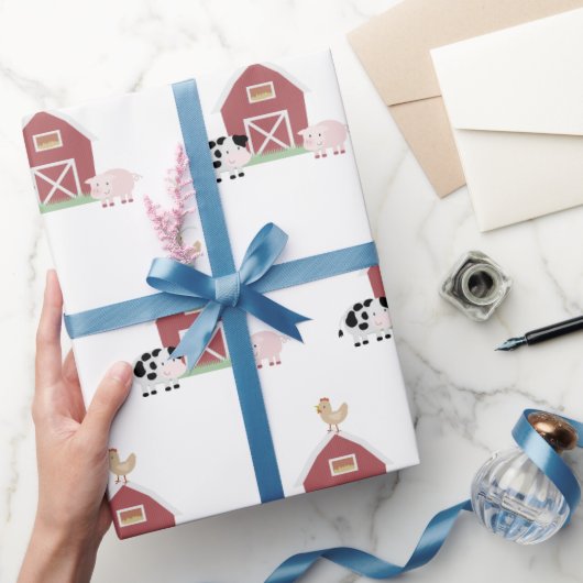 ファーム動物&バーンパターンホワイト ラッピングペーパー (ギフト)