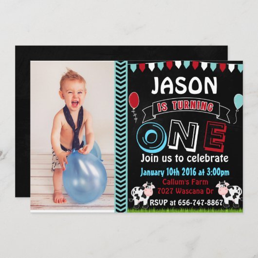 ファーム牛誕生日招待状とフォト招待状 招待状 (正面/裏面)