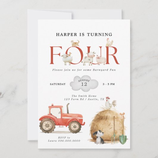 ファーム納屋周囲の庭おもしろい第四誕生日 招待状 (正面)