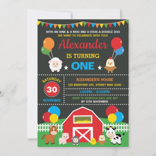 ファーム納屋周囲の庭アニマルバースデーパーティーシャルボード 招待状 (正面)