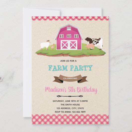 ファーム納屋周囲の庭ガール誕生パーティーの招待 招待状 (正面)