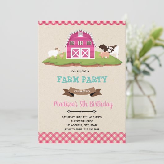 ファーム納屋周囲の庭ガール誕生パーティーの招待 招待状 (スタンド正面)