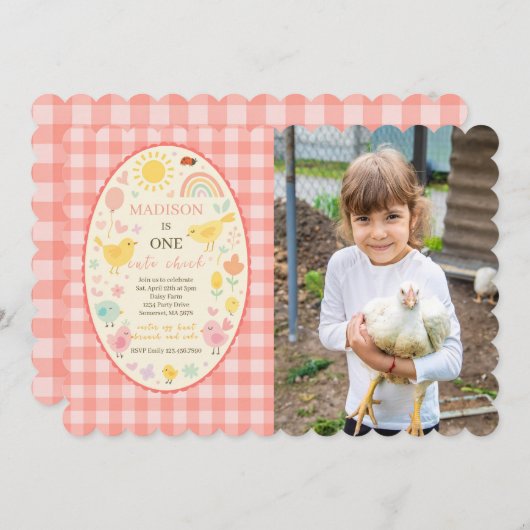 ファーム納屋周囲の庭チキン1st誕生日パーティー写真 招待状 (正面/裏面)