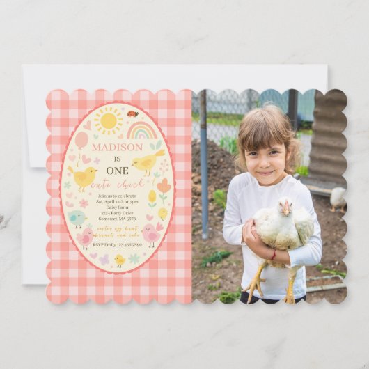 ファーム納屋周囲の庭チキン1st誕生日パーティー写真 招待状 (正面)