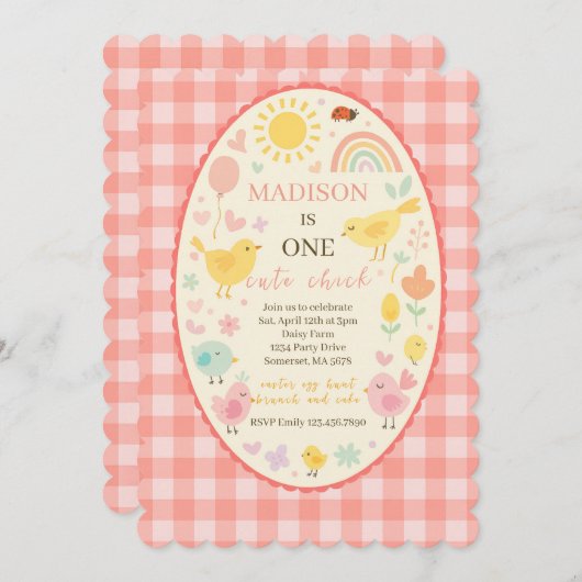 ファーム納屋周囲の庭チキン1st誕生日パーティー 招待状 (正面/裏面)
