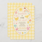 ファーム納屋周囲の庭チキン1st誕生日 招待状 (正面/裏面)