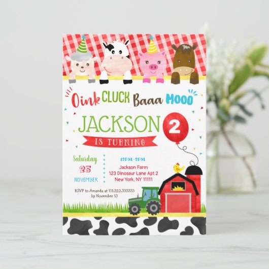 ファーム納屋周囲の庭バースデーパーティ招待状 招待状 (スタンド正面)
