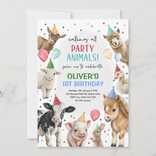 ファーム納屋周囲の庭パーティー動物バルーンボーイ誕生日 招待状 (正面)