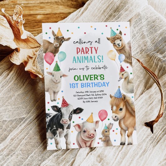 ファーム納屋周囲の庭パーティー動物バルーンボーイ誕生日 招待状