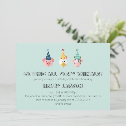 ファーム納屋周囲の庭パーティー動物子供の誕生日 招待状 (スタンド正面)