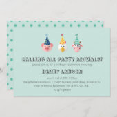 ファーム納屋周囲の庭パーティー動物子供の誕生日 招待状 (正面/裏面)