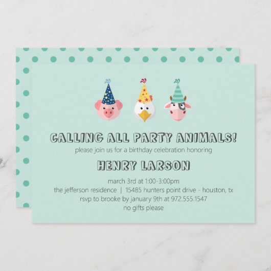 ファーム納屋周囲の庭パーティー動物子供の誕生日 招待状 (正面/裏面)