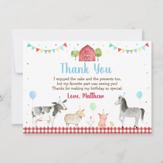 ファーム納屋周囲の庭ファームアニマル誕生日 サンキューカード (正面)