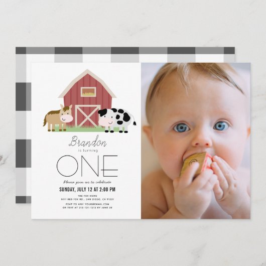 ファーム納屋周囲の庭ホワイトジェンダーニュートラル1歳の誕生日 招待状 (正面/裏面)