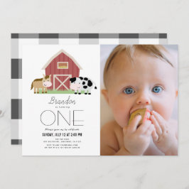 ファーム納屋周囲の庭ホワイトジェンダーニュートラル1歳の誕生日 招待状